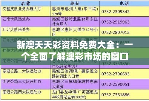 新澳天天彩资料免费大全：一个全面了解澳彩市场的窗口