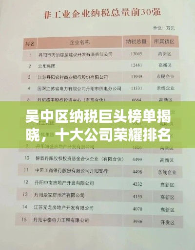 吴中区纳税巨头榜单揭晓，十大公司荣耀排名